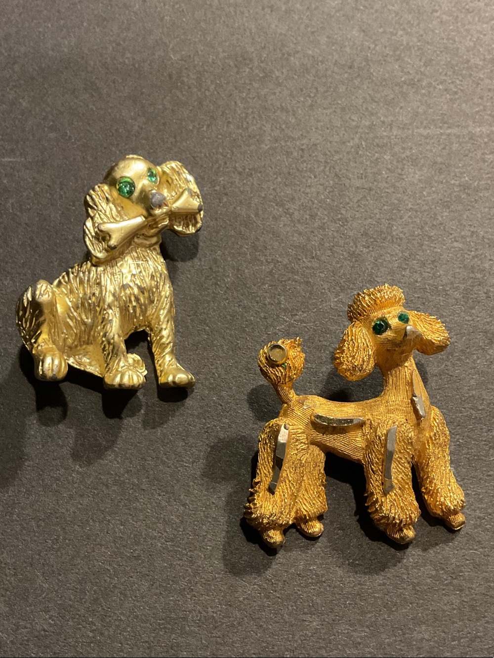 Gold-Tone Poodle & Dog Brooch Set with Green Rhinestone Eyes